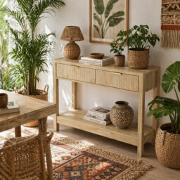 Wyld Haus Kesoyo 90Cm Slim Console Table In Natural Wood-Tone With Fluted Drawers And Lower Shelf - thumbnail 1