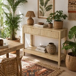 Wyld Haus Kesoyo 90Cm Slim Console Table In Natural Wood-Tone With Fluted Drawers And Lower Shelf