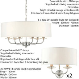 6 Bulb Ceiling Pendant Lamp & 2X Matching Twin Wall Light Modern Bright Nickel - thumbnail 2