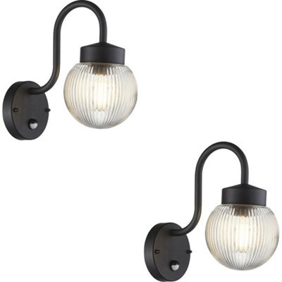 Loops 2 Pack Outdoor Textured Black Wall Light - Clear Ribbed Glass Shade - Non-Dimmable 10W Led E27 - image 1