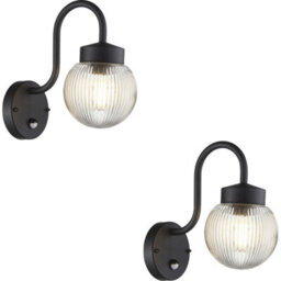 Loops 2 Pack Outdoor Textured Black Wall Light - Clear Ribbed Glass Shade - Non-Dimmable 10W Led E27