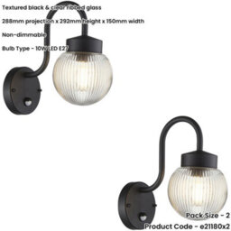 Loops 2 Pack Outdoor Textured Black Wall Light - Clear Ribbed Glass Shade - Non-Dimmable 10W Led E27 - thumbnail 2