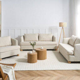 Beliani 6-Seater Three-Piece Sofa Set In Off-White Boucle With Round Eucalyptus Legs - thumbnail 1