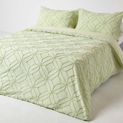 Homescapes Sage Green Diamond Cotton Tufted Duvet Cover Set, Single - image 1