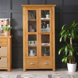 The Furniture Market Cheshire Oak Glazed 2 Door 2 Drawer Tall Display Cabinet Unit - thumbnail 1