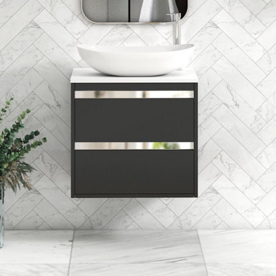 Royal Bathrooms Orion 600mm Matt Obsidian Black Wall Hung Plain White Countertop Vanity Unit 2 Drawer With Cesar Basin & Chrome Accent Trim - image 1