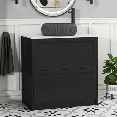 Royal Bathrooms Royal Bathroom Elmore 800mm Nocturne Black Freestanding Bathroom Vanity Unit 2 Drawer Plain White Worktop With Milan Black Basin - image 1