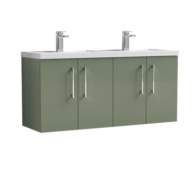 Balterley Bramshall 1200mm Wall Hung 4 Door Vanity Unit With Double Basin For Modern Bathroom Storage - Satin Green - image 1