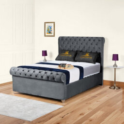 UKBEDFURNITURE Chesterfield Sleigh Steel Plush Velvet  Gas Lift Ottoman Storage Bed With 10 Inch Orthopedic Mattress - 48 Inch Headboard