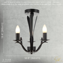Happy Homewares Traditional 3-Arm Ceiling Light In Matte Black With Metal Leaves - thumbnail 7