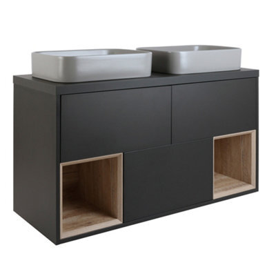 Homestylestore Black Grey 1200mm Led Lit Wall Hung Bathroom Vanity Unit Rectangular Pebble Countertop Basins Open Shelves - image 1