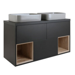 Homestylestore Black Grey 1200mm Led Lit Wall Hung Bathroom Vanity Unit Rectangular Pebble Countertop Basins Open Shelves - thumbnail 1
