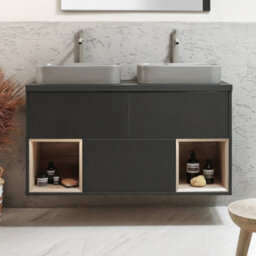 Homestylestore Black Grey 1200mm Led Lit Wall Hung Bathroom Vanity Unit Rectangular Pebble Countertop Basins Open Shelves - thumbnail 2
