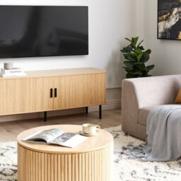 Wyld And Coco 70-Inch Tv Stand With Sliding Doors, Light Brown Legs, Retro Matt Finish - thumbnail 2