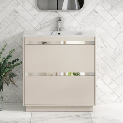 Royal Bathrooms Orion 800mm Warm Taupe 2 Drawer Floor Standing Bathroom Vanity Unit With Carrara White Basin & Chrome Accent Trim - image 1