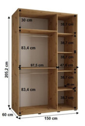 Arte Charming Oak Artisan Cannes Vii Sliding Wardrobe H2050mm W1500mm D600mm With Customisable Black Steel Handles - thumbnail 4