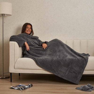 OHS Teddy Fleece Blanket With Sleeves Wearable Throw - image 1