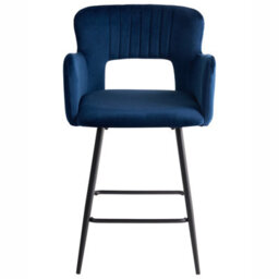 Wyld And Coco Noble Navy Velvet Bar Chair Set Of 2 With Armrests And Cut-Out Backrest - Matt Black Legs - thumbnail 1