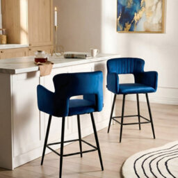 Wyld And Coco Noble Navy Velvet Bar Chair Set Of 2 With Armrests And Cut-Out Backrest - Matt Black Legs - thumbnail 2