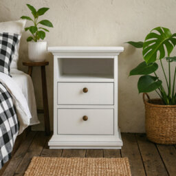 Wyld Haus Osaka Farmhouse White Wooden Bedside Table - 2 Drawers And 1 Open Shelf - thumbnail 2