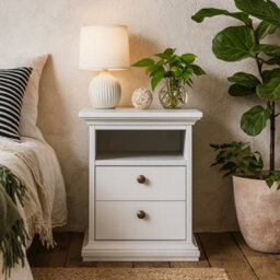 Wyld Haus Osaka Farmhouse White Wooden Bedside Table - 2 Drawers And 1 Open Shelf - thumbnail 1