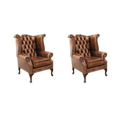 Chesterfield 2 X Chairs Antique Tan Leather Chairs Offer In Queen Anne Style
