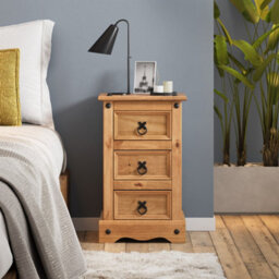 Mercers Furniture Corona Narrow 3 Drawer Bedside Cabinet Table Solid Wood Pine With Mexican Styling Wooden - thumbnail 1
