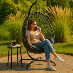 Jack Stonehouse Jsh Rattan Patio Egg Chair With Cushions Dark Grey Outdoor Living Hanging Garden Swing - thumbnail 2