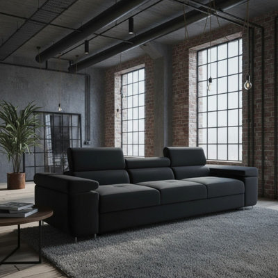 Torezio Three Seater Sofa With Adjustable Headrests For Living Room Chipboard Frame Metal Legs 263X102X70-90Cm Black - image 1