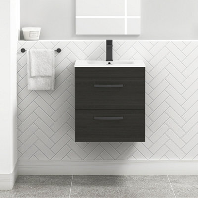Royal Bathrooms Turin Hale Black 500mm Wall Hung Vanity Unit 2 Drawer With Minimalist Basin Sink & Matt Black Handles - image 1