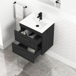 Royal Bathrooms Turin Hale Black 500mm Wall Hung Vanity Unit 2 Drawer With Minimalist Basin Sink & Matt Black Handles - thumbnail 5