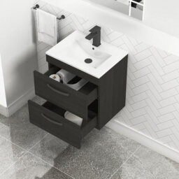 Royal Bathrooms Turin Hale Black 500mm Wall Hung Vanity Unit 2 Drawer With Minimalist Basin Sink & Matt Black Handles - thumbnail 3