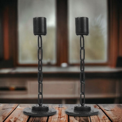 Urbn-Living Urbnliving 2Pcs Medium Black Metal Chain Link Design Candle Holder With Wooden Stand Home Décor - image 1