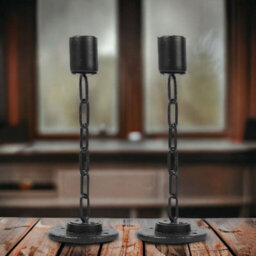 Urbn-Living Urbnliving 2Pcs Medium Black Metal Chain Link Design Candle Holder With Wooden Stand Home Décor