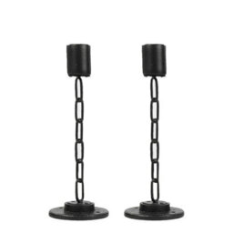 Urbn-Living Urbnliving 2Pcs Medium Black Metal Chain Link Design Candle Holder With Wooden Stand Home Décor - thumbnail 2
