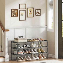 Freestanding 3-Tier Shoe Organiser, Metal Shoe Rack With Fabric Shelves For Entryway And Hallway, Ink Black