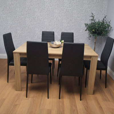 Kosy Koala Oak Effect Dining Table Set With 6 Black Faux Leather Chairs Dining Room Furniture - image 1