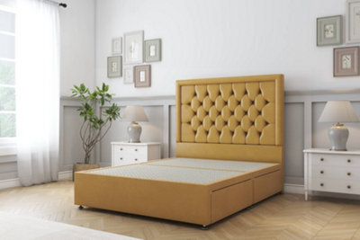 "Sloomy Montana Mustard Plush Divan Bed Base 2 Drawers Same Side With 26"" Strutted Headboard 2'6 Small Single" - image 1