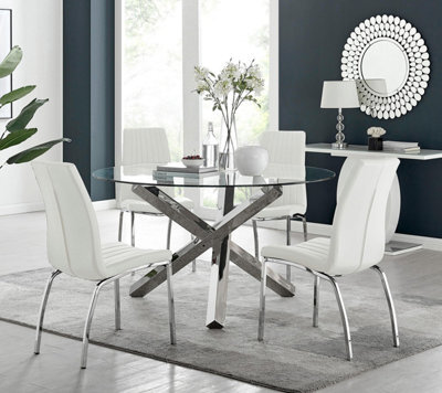 Furniturebox Uk Vogue Large Round Chrome Metal Clear Glass Dining Table And 4 White Isco Dining Chairs Set - image 1