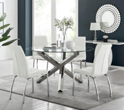 Furniturebox Uk Vogue Large Round Chrome Metal Clear Glass Dining Table And 4 White Isco Dining Chairs Set - thumbnail 1