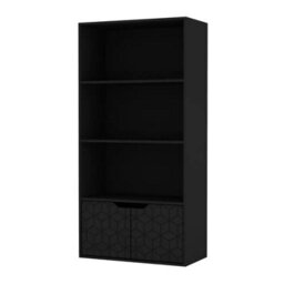 Urbn-Living Urbnliving 4 Tier Black Wooden Bookcase Cupboard With Black Geo Doors Storage Shelving Display Cabinet