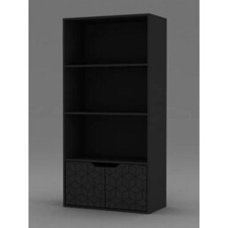 Urbn-Living Urbnliving 4 Tier Black Wooden Bookcase Cupboard With Black Geo Doors Storage Shelving Display Cabinet - thumbnail 2