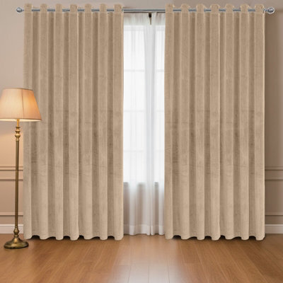 Oxford Homeware Eyelet Velvet Curtains Beige Fully Lined Blackout Thermal Insulated Eyelet Curtains Pair (W)228Cm X (L)228Cm - image 1