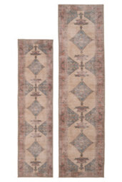 Loomed Vintage Tribal Cotton Chenille Rug Beige Blue Distressed Machine Washable 60Cm X 240Cm - thumbnail 3