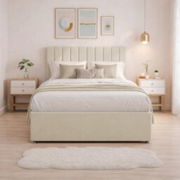 "4Ft Luxury Cream Plush Divan Small Double Bed Frame With Mattress, 20"" Vertical Line Headboard, Bed With 2 Storage Drawers" - thumbnail 2