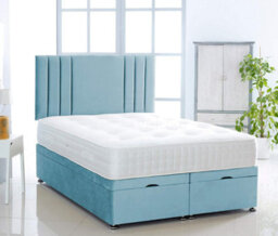 Comfy Deluxe Ice Blue Plush Foot Lift Ottoman Bed With Memory Spring Mattress And Vertical Headboard 6.0 Ft Super King - thumbnail 1