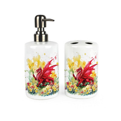 Purely Home Welsh Dragon & Daffodils Bathroom Set - Refillable Ceramic Soap Dispenser & Toothbrush Holder - image 1