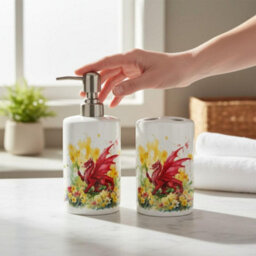Purely Home Welsh Dragon & Daffodils Bathroom Set - Refillable Ceramic Soap Dispenser & Toothbrush Holder - thumbnail 2