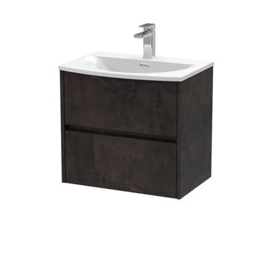 Nuie Havana Wall Hung 2 Drawer Vanity Basin Unit & Curved Ceramic Basin, Modern Sink Vanity Unit In Metallic Slate With White - image 1