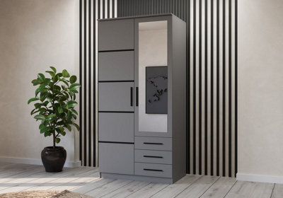 Arte Grey 2-Door Wardrobe With Mirror And Black Trim 100X207Cm - Three Drawers, Five Shelves - image 1